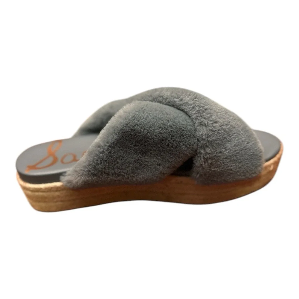 Sam Edelman Gray Faux Fur Criss Cross Espadrille Platform Slides Size 9.5